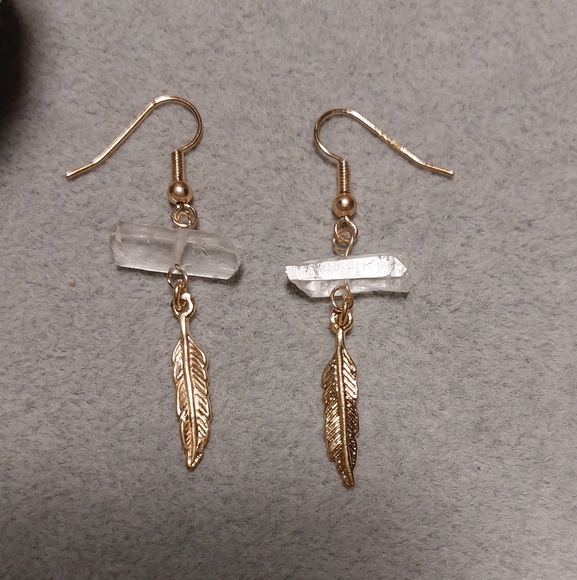Clear Quartz Crystal Feather Earrings - Picture 4 of 5